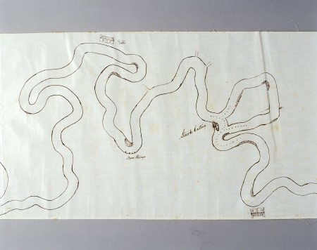 A hand-drawn map of a river system with key landmarks and warnings identified. On one bend is the label ‘Bad stumps’.